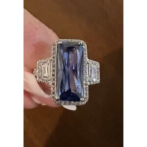 JTV-Blue & White Cubic Zirconia Rhodium Over Sterling Silver Center Design Ring
